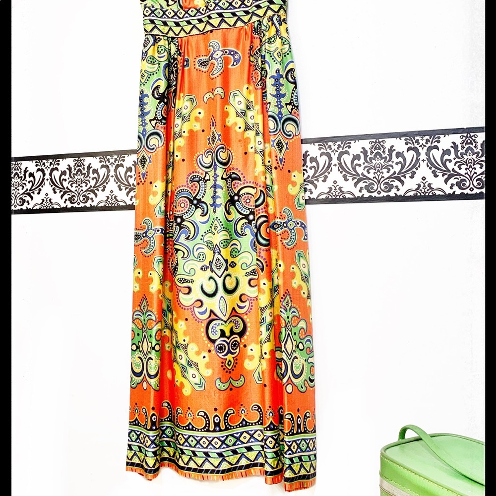 Vintage 1960’s Orange & Yellow Maxi Dress Large - Picture 3 of 4
